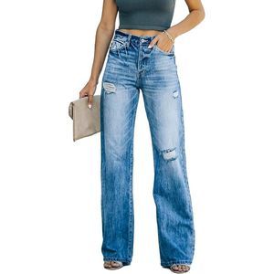 HDLTE Women Distressed Baggy Jeans Ripped High Waist Jeans Wide Leg Straight